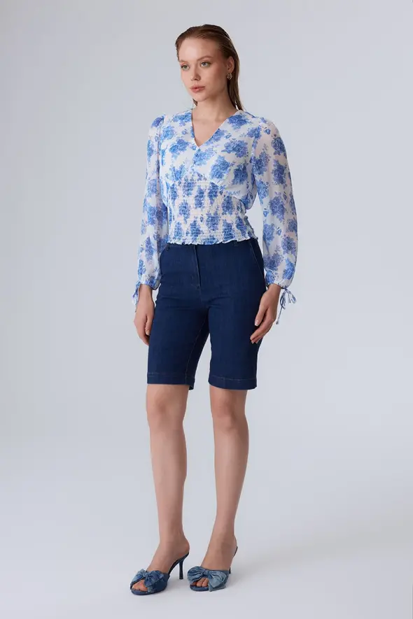 Floral Patterned Blouse with Elastic Waistband - Blue - 2