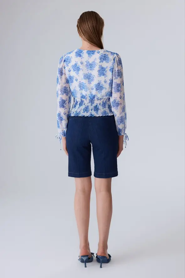 Floral Patterned Blouse with Elastic Waistband - Blue - 5