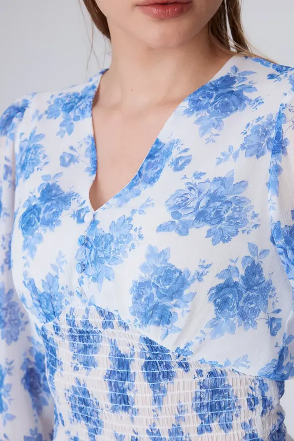 Floral Patterned Blouse with Elastic Waistband - Blue - 3