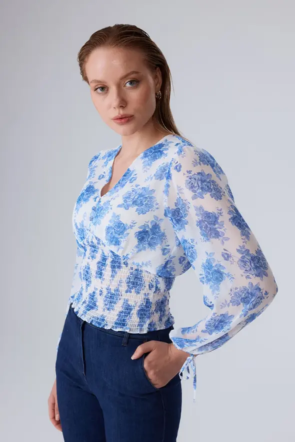 Floral Patterned Blouse with Elastic Waistband - Blue - 4