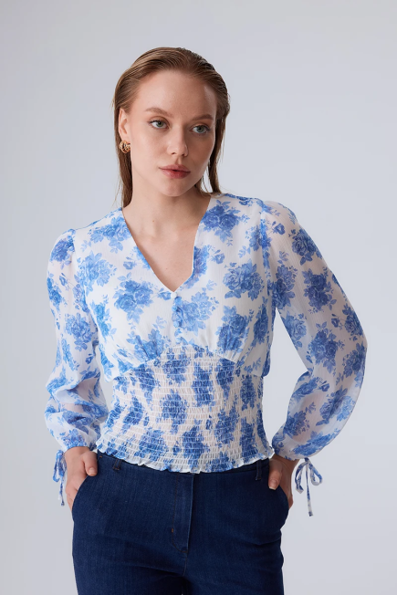 Floral Patterned Blouse with Elastic Waistband - Blue Blue