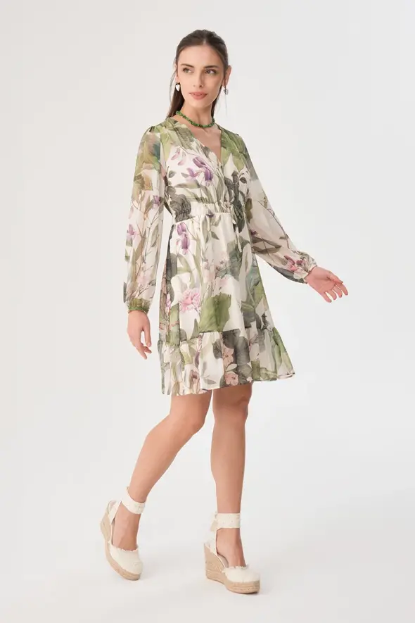 Floral Patterned Chiffon Dress - Green - 1