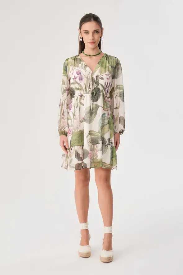 Floral Patterned Chiffon Dress - Green - 3