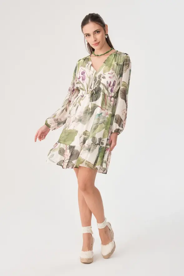 Floral Patterned Chiffon Dress - Green - 2