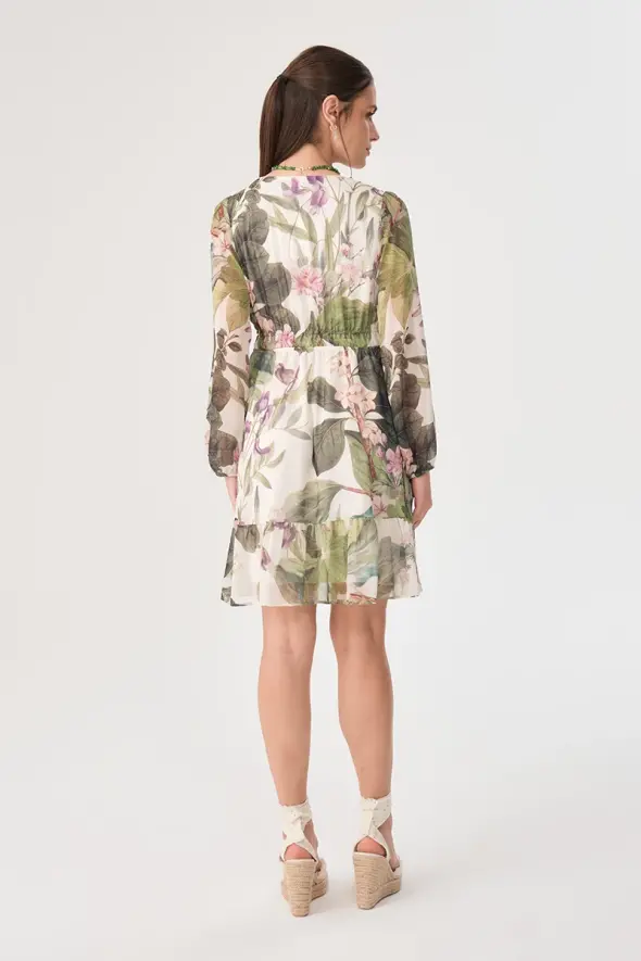 Floral Patterned Chiffon Dress - Green - 7