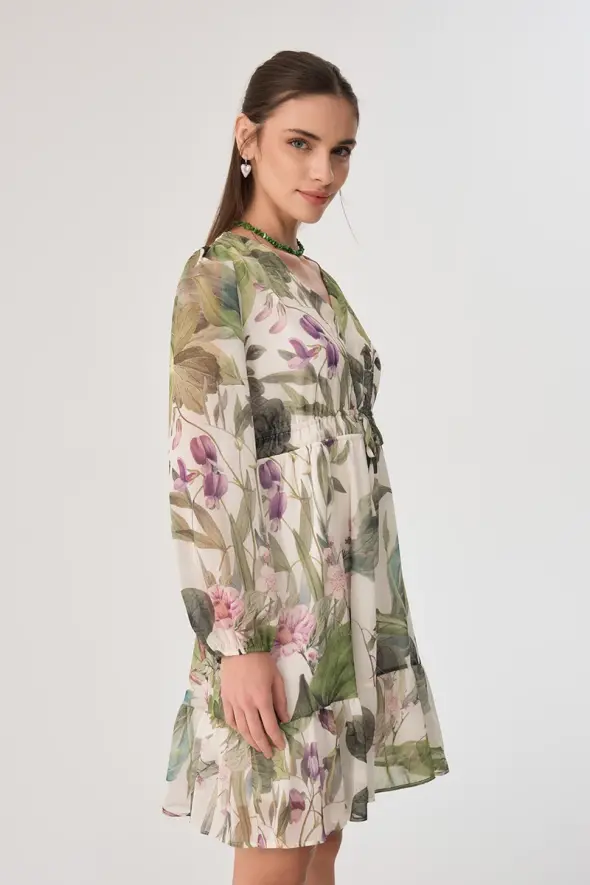 Floral Patterned Chiffon Dress - Green - 5