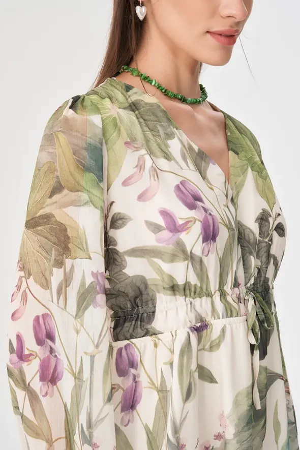 Floral Patterned Chiffon Dress - Green - 6
