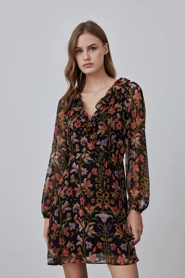 Floral Patterned Lined Chiffon Dress - Black - 2