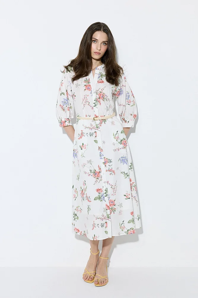 Floral Print Cotton Dress with Woven Belt - White White
