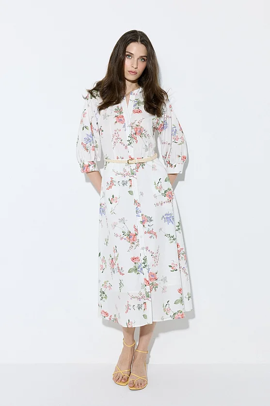 Floral Print Cotton Dress with Woven Belt - White - 1