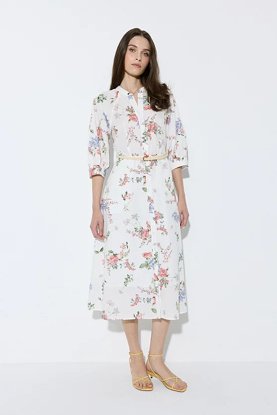 Floral Print Cotton Dress with Woven Belt - White - Gusto