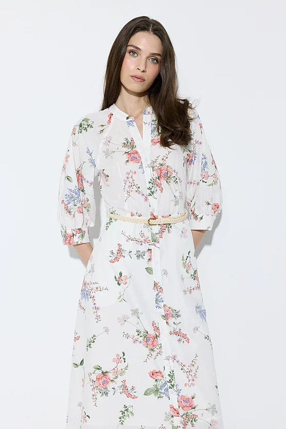 Floral Print Cotton Dress with Woven Belt - White - Gusto