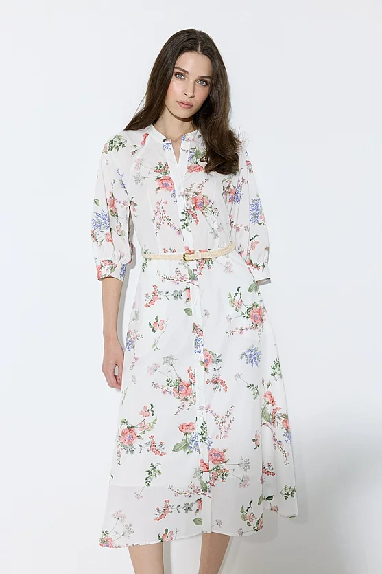 Floral Print Cotton Dress with Woven Belt - White - 5
