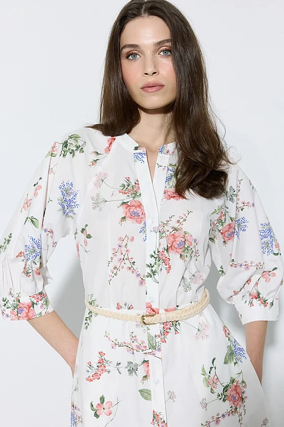 Floral Print Cotton Dress with Woven Belt - White - Gusto