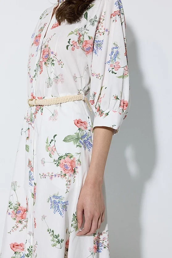 Floral Print Cotton Dress with Woven Belt - White - Gusto