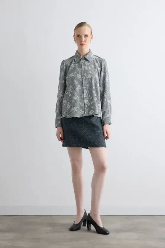 Floral Print Mini Check Shirt - Navy - 2