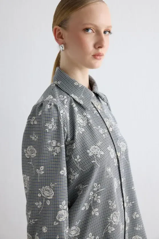 Floral Print Mini Check Shirt - Navy - 3