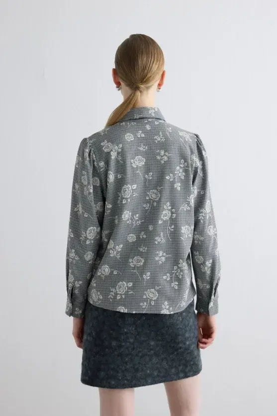 Floral Print Mini Check Shirt - Navy - Gusto