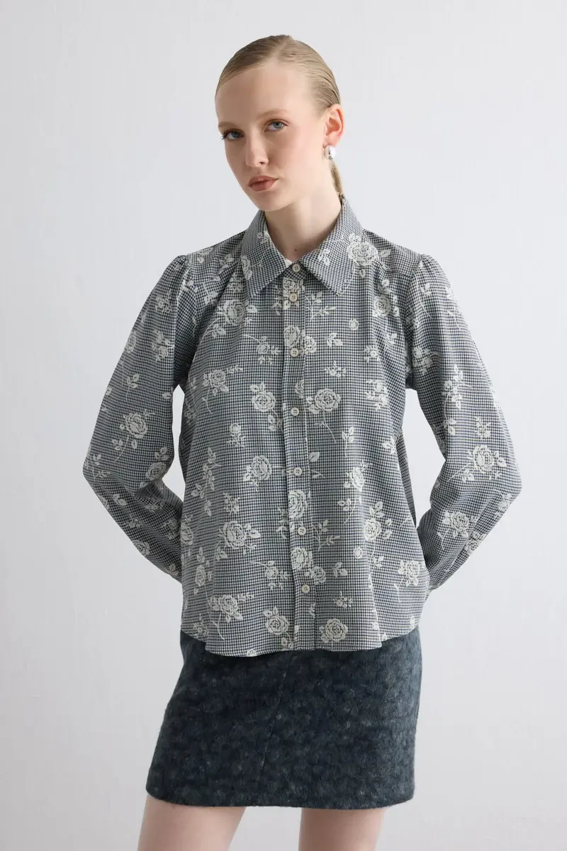 Floral Print Mini Check Shirt - Navy - 1