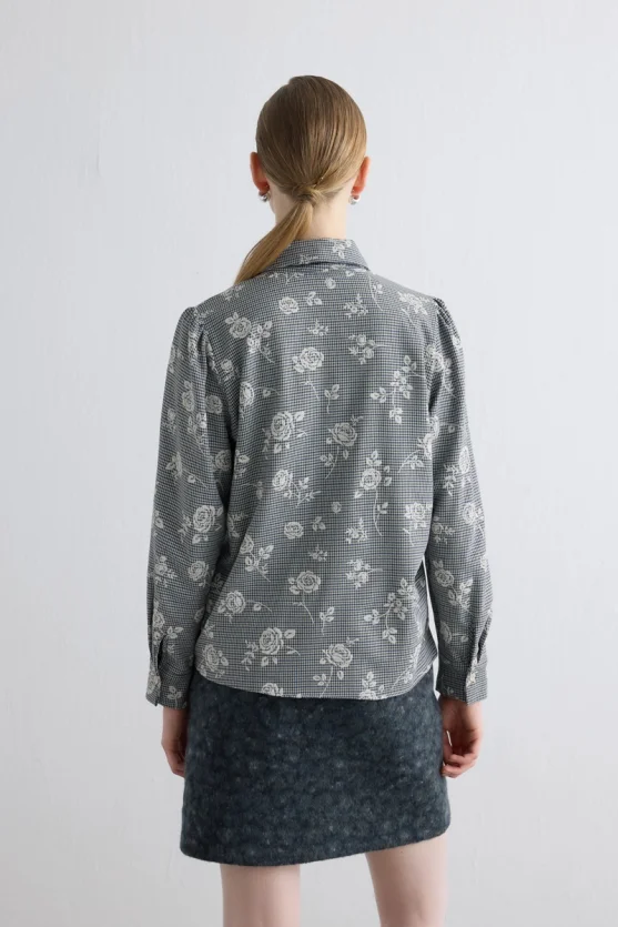 Floral Print Mini Check Shirt - Navy - Gusto