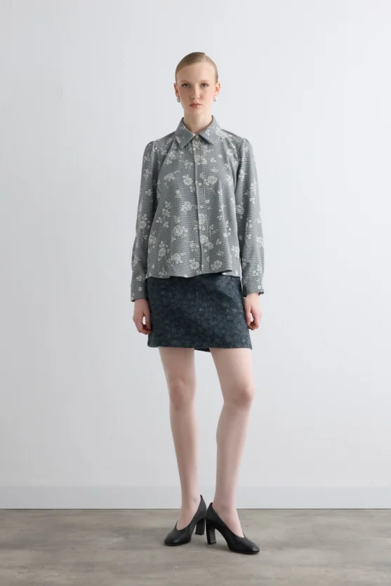 Floral Print Mini Check Shirt Navy - 2