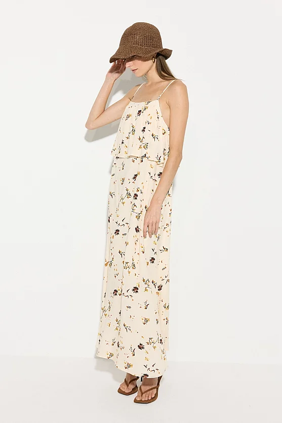 Floral Print Strappy Viscose Dress - Beige - Gusto
