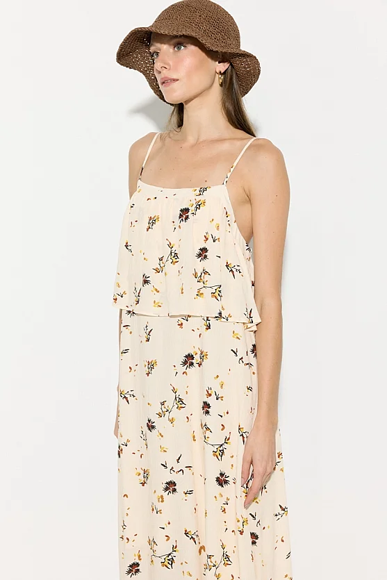 Floral Print Strappy Viscose Dress - Beige - Gusto