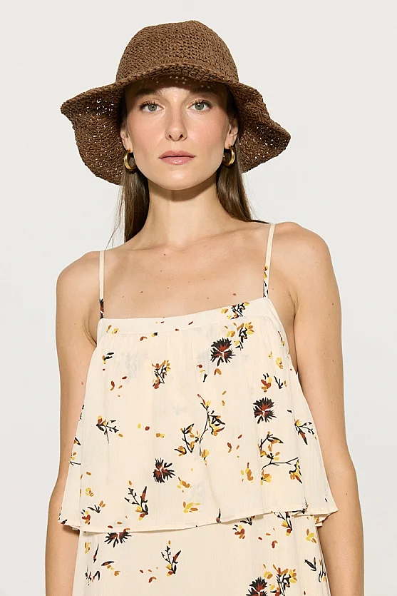 Floral Print Strappy Viscose Dress - Beige - Gusto