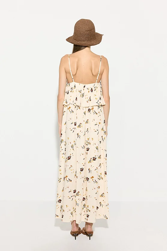 Floral Print Strappy Viscose Dress - Beige - Gusto