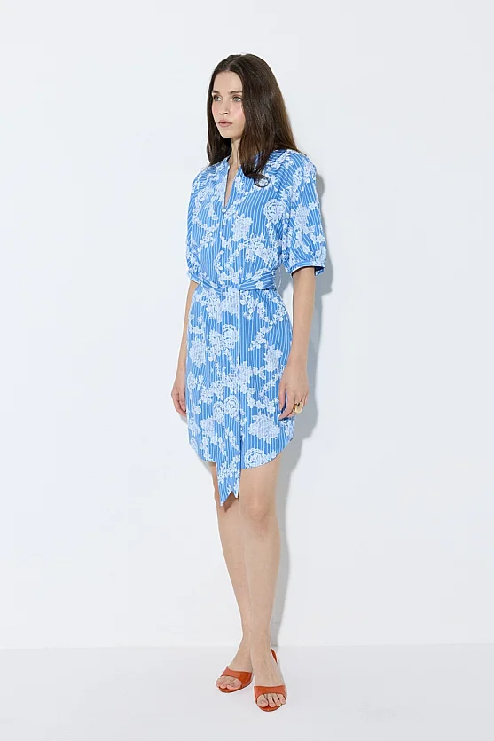 Floral Print Striped Short Sleeve Shirt Dress - Blue - Gusto
