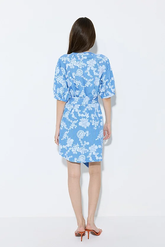 Floral Print Striped Short Sleeve Shirt Dress - Blue - Gusto