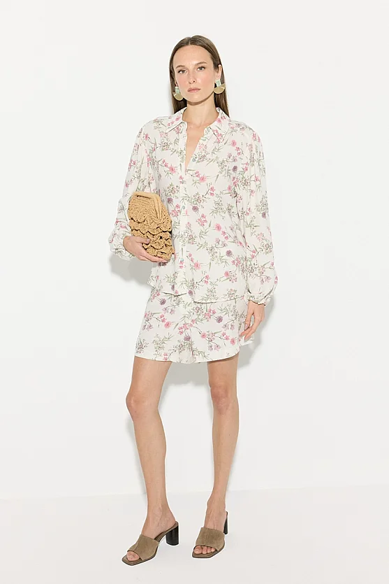 Floral Print Viscose Linen Shirt - Ecru - Gusto