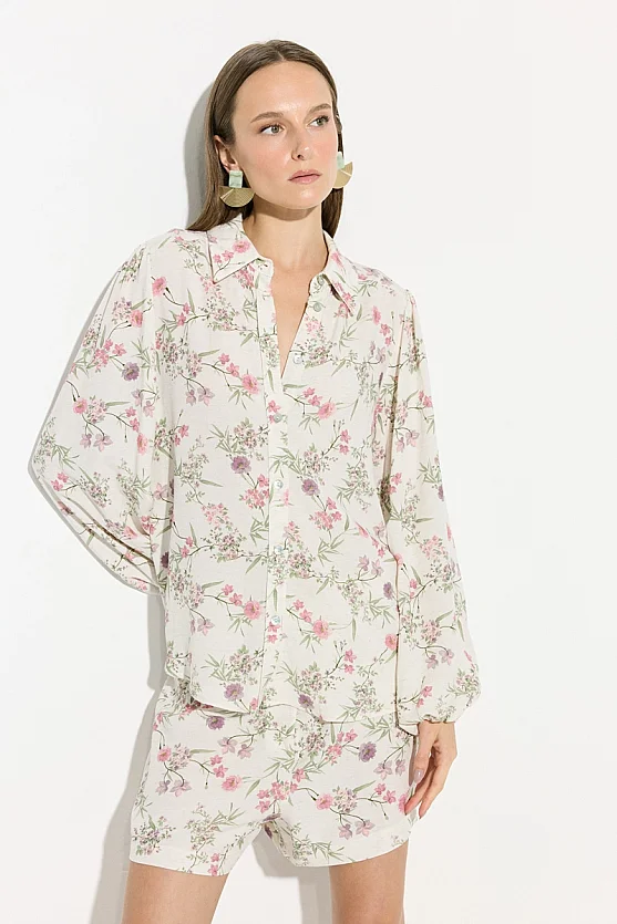 Floral Print Viscose Linen Shirt - Ecru - Gusto