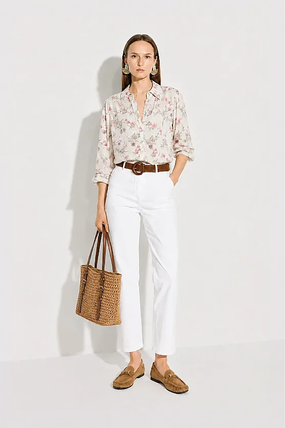 Floral Print Viscose Linen Shirt - Ecru - Gusto