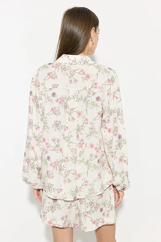 Floral Print Viscose Linen Shirt - Ecru - 9