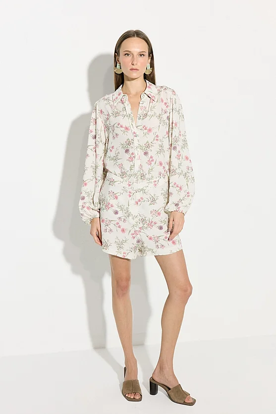 Floral Print Viscose Linen Shorts - Ecru - Gusto