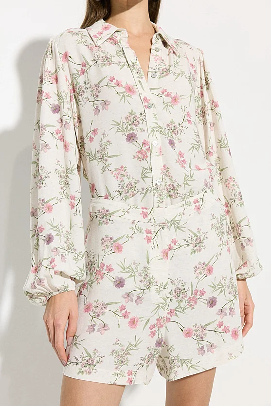Floral Print Viscose Linen Shorts - Ecru - Gusto