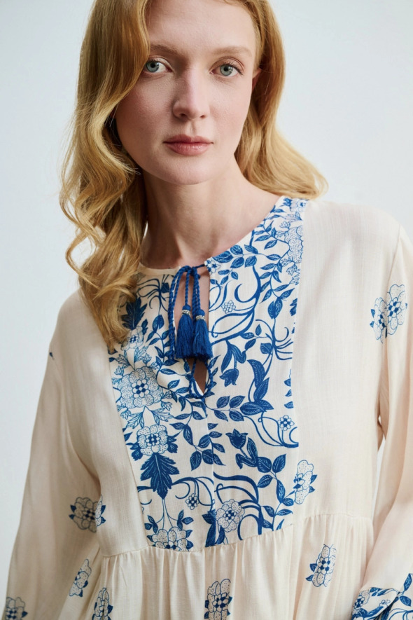 Floral Printed Relaxed Fit Viscose Blouse - Blue - 2
