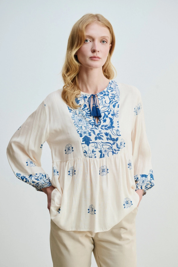 Floral Printed Relaxed Fit Viscose Blouse - Blue - Gusto