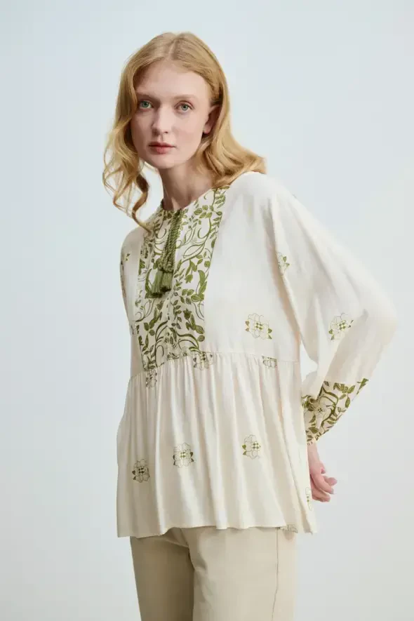Floral Printed Relaxed Fit Viscose Blouse - Green - 1