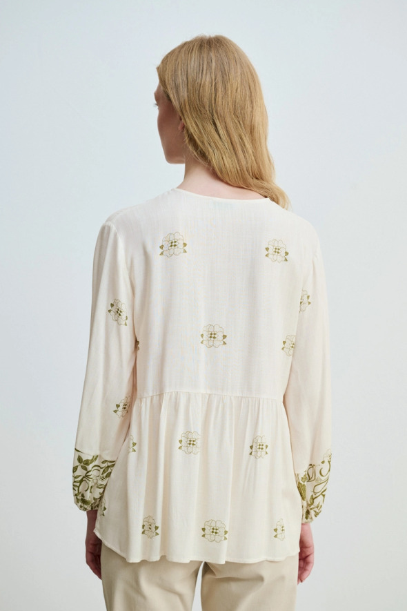 Floral Printed Relaxed Fit Viscose Blouse - Green - 3