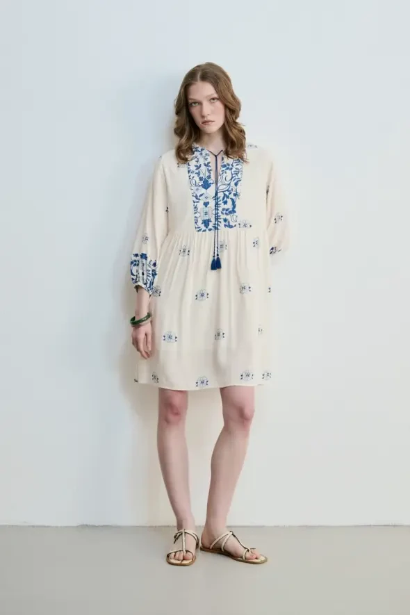 Floral Printed Relaxed Fit Viscose Dress - Blue - 1