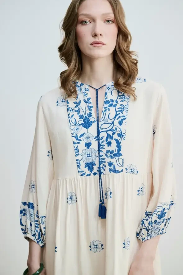 Floral Printed Relaxed Fit Viscose Dress - Blue - 2