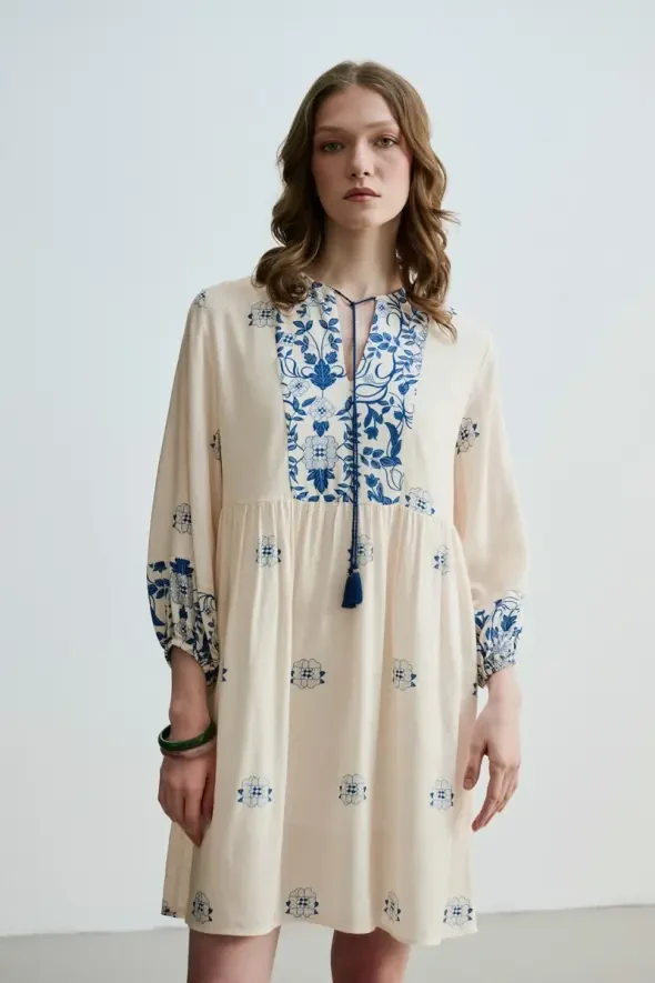 Floral Printed Relaxed Fit Viscose Dress - Blue - 3