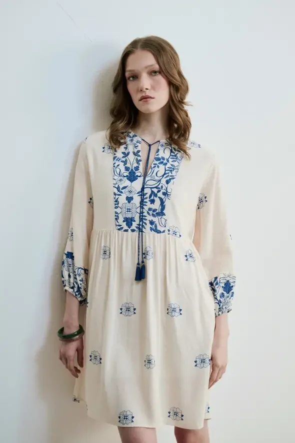 Floral Printed Relaxed Fit Viscose Dress - Blue - 4