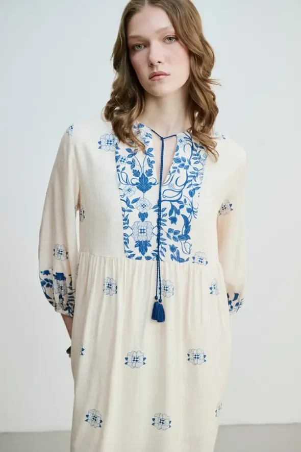 Floral Printed Relaxed Fit Viscose Dress - Blue - 5