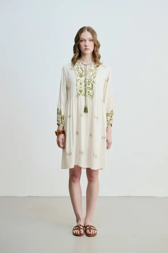 Floral Printed Relaxed Fit Viscose Dress - Green - Gusto