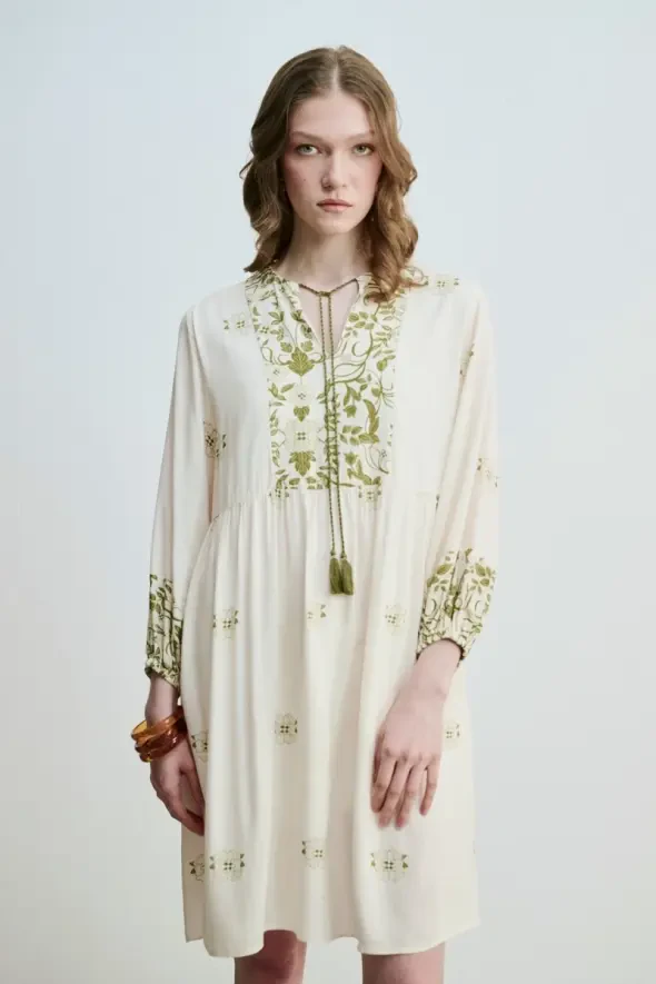 Floral Printed Relaxed Fit Viscose Dress - Green - Gusto