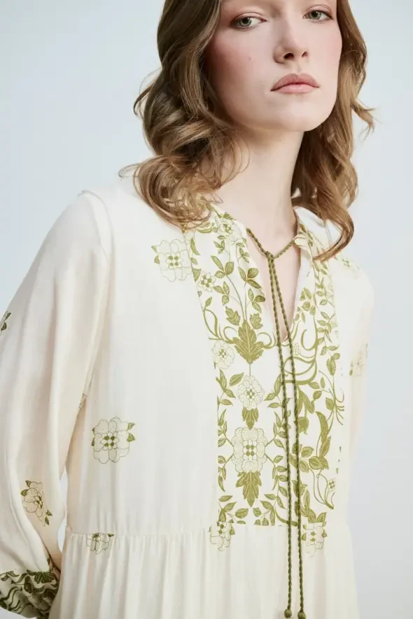 Floral Printed Relaxed Fit Viscose Dress - Green - Gusto