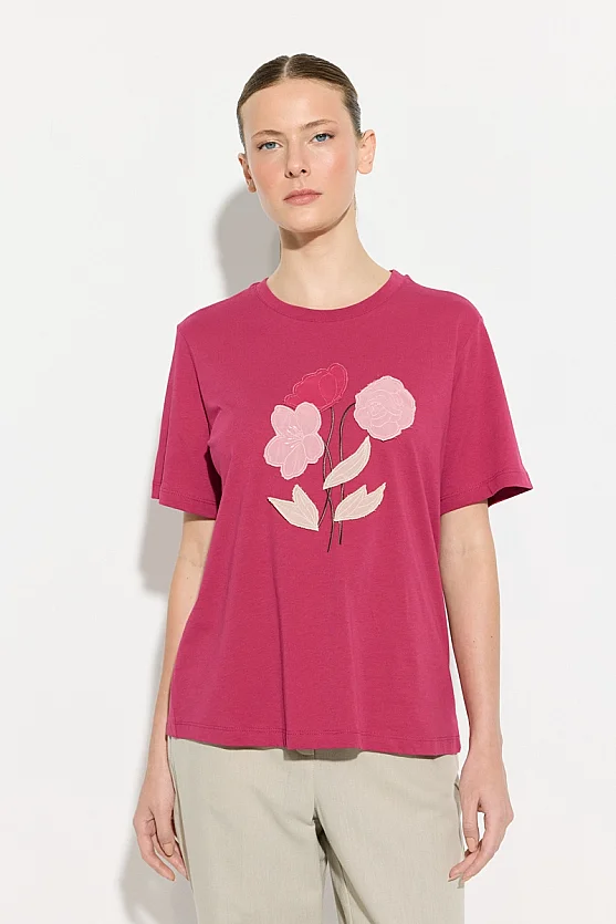 Floral Stitch Detail Cotton T-Shirt - Fuchsia - Gusto